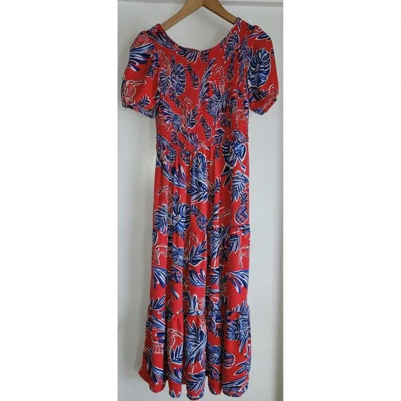 Sincerely Jules Women's Floral Midi Red Dress M Tropical Ruched Tie Back Resort - Picture 1 of 3